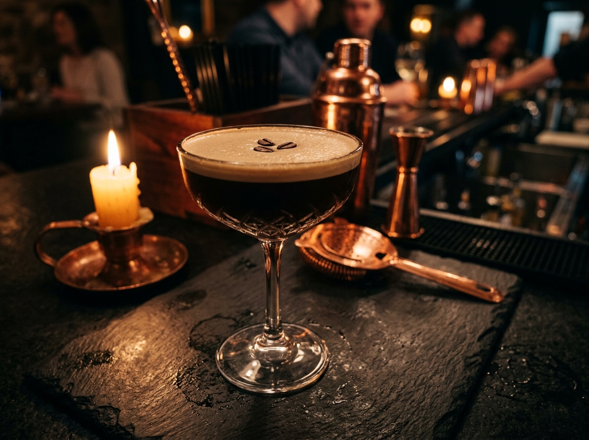 Handcrafted espresso martini cocktail on a dark bar with copper shaker and warm candle light