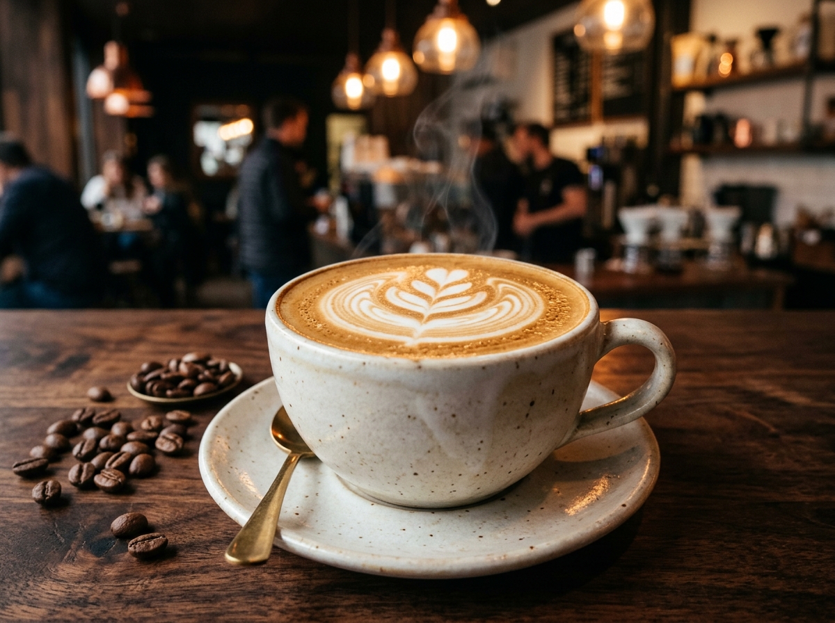 Artisanal flat white coffee with latte art on a wooden cafe table