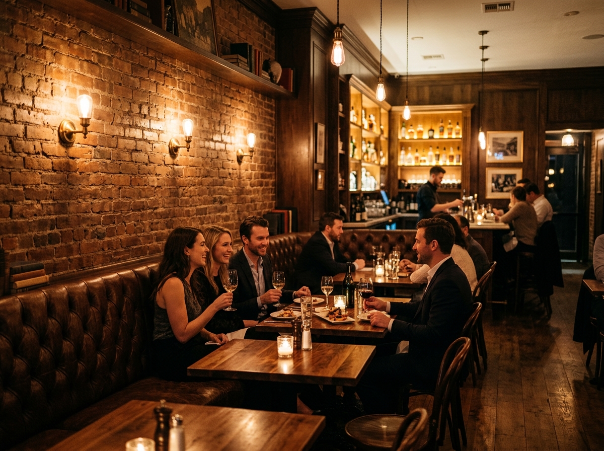 Cozy evening lounge with dark leather banquettes and warm exposed brick wall